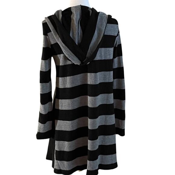 Ya Los Angeles Cotton Blend Black Gray Stripe Long Open Cardigan Sweater Hood L - Picture 3 of 10